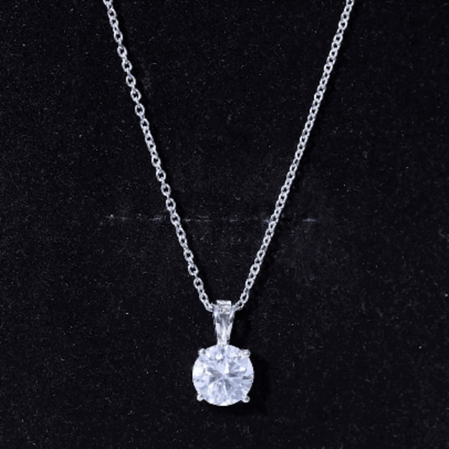Certified 2 Carat Moissanite pendant necklace with silver chain, featuring a sparkling solitaire gemstone from Rosec Jewels.