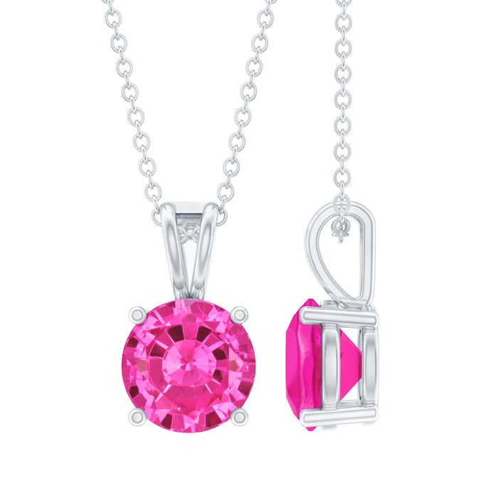 Lab grown pink sapphire solitaire pendant necklace with silver chain, featuring a 2 carat pink sapphire from Rosec Jewels.
