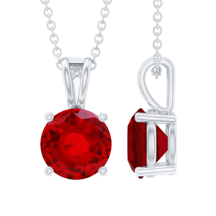 Lab grown ruby solitaire pendant necklace with silver chain, featuring a 2-carat ruby from Rosec Jewels.