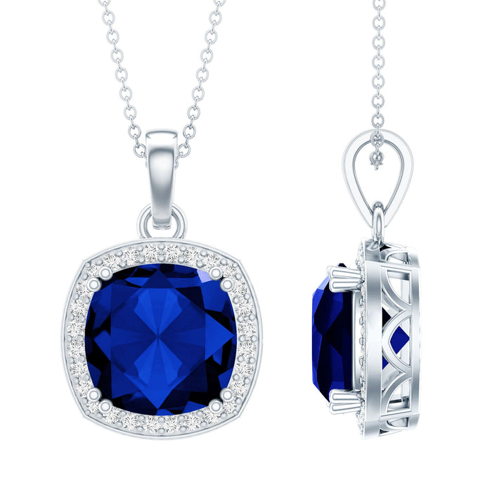 Cushion cut lab-created blue sapphire pendant necklace by Rosec Jewels featuring a 9-carat sapphire gemstone.