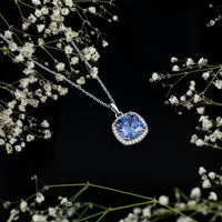 Certified 12 MM Cushion Lab Grown Blue Sapphire Halo Necklace