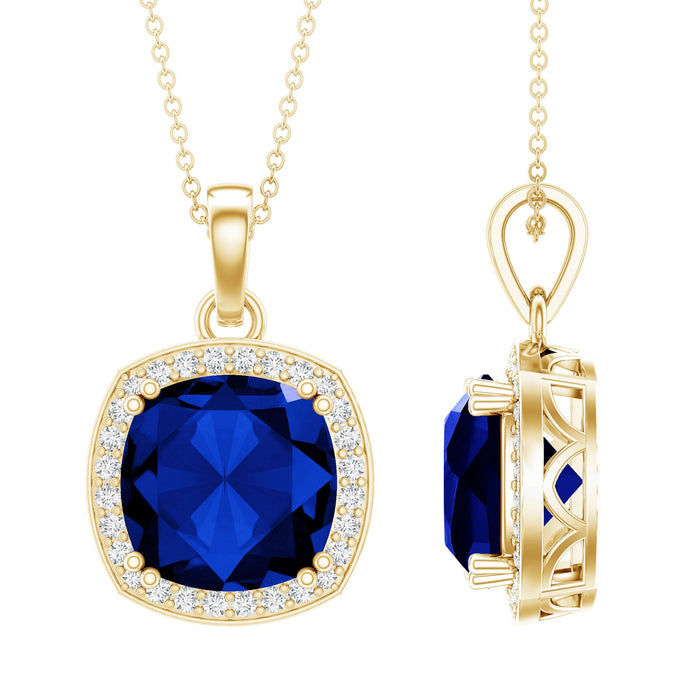 Rosec Jewels cushion lab-grown blue sapphire halo pendant necklace with 12mm gemstone and elegant design.