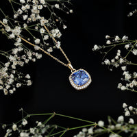 Certified 12 MM Cushion Lab Grown Blue Sapphire Halo Necklace