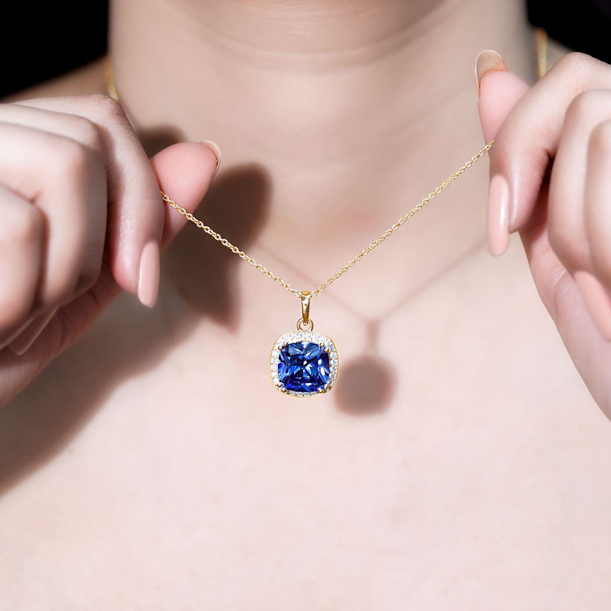 Certified 12 MM Cushion Lab Grown Blue Sapphire Halo Necklace