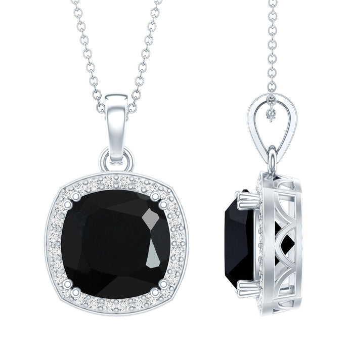 Cushion cut lab grown black diamond pendant with halo setting on silver chain, from Rosec Jewels, showcasing elegant jewelry design.