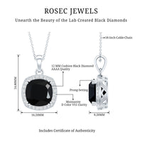 6 Carat Cushion Cut Lab Grown Black Diamond Halo Necklace with Silver Chain