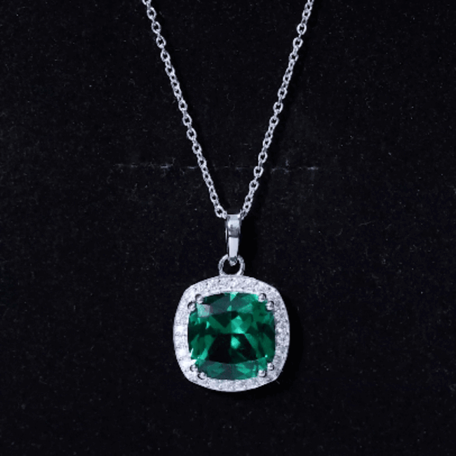 Lab grown emerald statement pendant necklace with moissanite halo, featuring 9 carats, by Rosec Jewels.