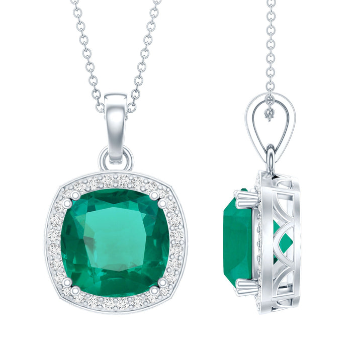 9 Carat lab-grown emerald statement pendant necklace with moissanite halo by Rosec Jewels, featuring a vibrant green emerald centerpiece.