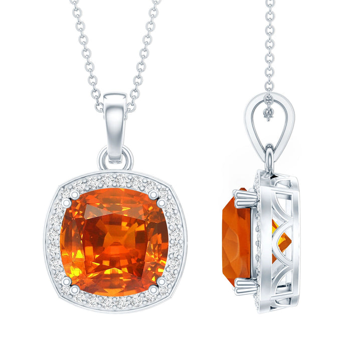 Lab-grown orange sapphire pendant on silver chain, 9 carats, from Rosec Jewels, showcasing a vibrant bridal necklace.
