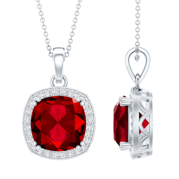 Cushion cut lab-grown ruby and moissanite halo pendant necklace with rose gold setting from Rosec Jewels.
