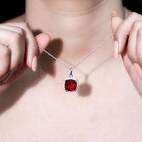 4 Carat Cushion Cut Lab Grown Ruby and Moissanite Halo Pendant Necklace