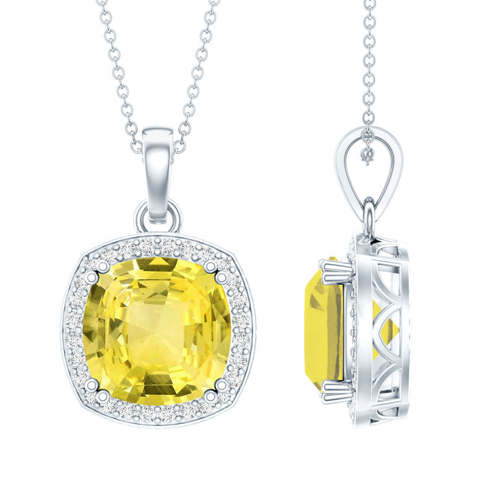 Cushion cut lab yellow sapphire pendant necklace with silver chain from Rosec Jewels, elegant jewelry accessory.