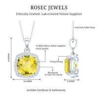 9 Carat Cushion Cut Lab Yellow Sapphire Statement Necklace with Silver Chain