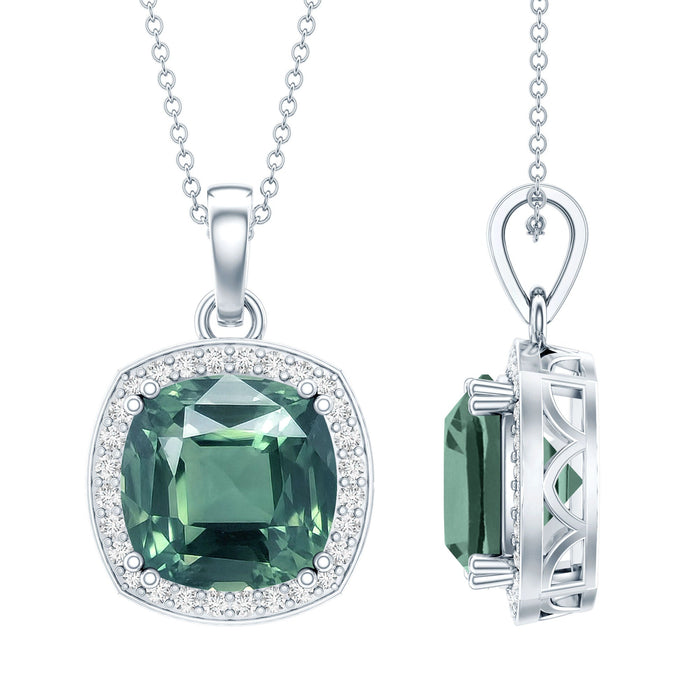 Cushion cut lab-grown green sapphire pendant on silver chain, featuring a 9-carat statement necklace by Rosec Jewels.