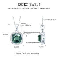 9 Carat Cushion Cut Lab Grown Green Sapphire Statement Necklace With Silver Chain