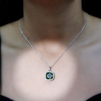 9 Carat Cushion Cut Lab Grown Green Sapphire Statement Necklace With Silver Chain
