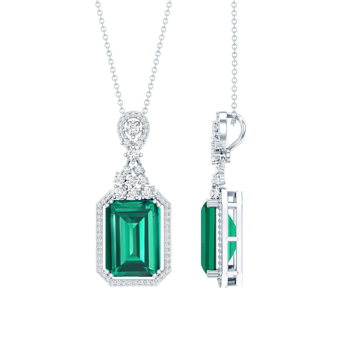 Lab grown emerald pendant necklace with 8.2 carats set in vintage style, featuring a silver chain from Rosec Jewels.