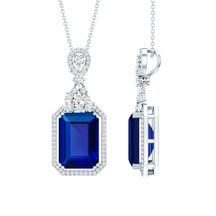 Lab grown blue sapphire vintage pendant necklace with silver chain, featuring a 9-carat sapphire, by Rosec Jewels.