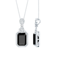 Vintage Style 9 Carat Lab Grown Black Diamond Emerald Cut Necklace With Moissanite Halo