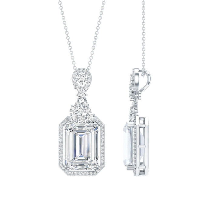 Emerald cut 4.5 carat moissanite pendant with silver chain, elegant wedding jewelry by Rosec Jewels.