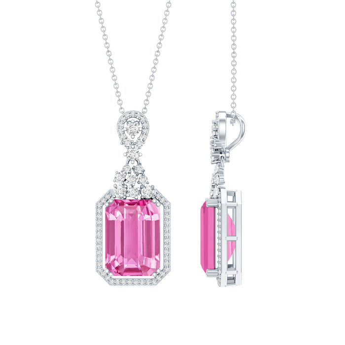 Lab-grown pink sapphire Art Deco pendant on silver chain by Rosec Jewels, showcasing a 9-carat gemstone in a vintage-inspired design.