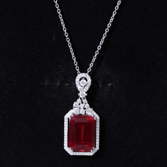 Certified 5 carat lab-grown ruby vintage pendant necklace with silver chain from Rosec Jewels, featuring a striking red gemstone.
