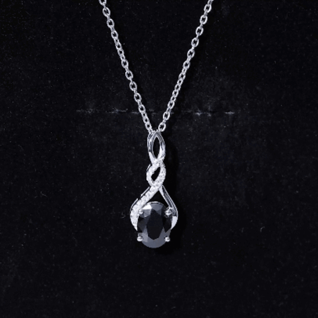Lab grown black diamond infinity pendant necklace with silver chain, featuring a 1.9 carat sparkling black diamond from Rosec Jewels.