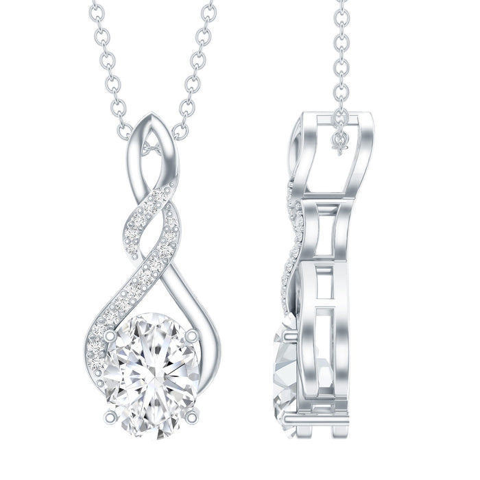 Sterling silver 1.25 carat moissanite infinity pendant necklace with sparkling stone detail, designed by Rosec Jewels.