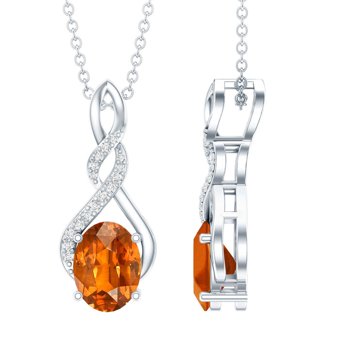 Lab grown orange sapphire infinity pendant necklace with moissanite from Rosec Jewels, showcasing vibrant orange gemstone and elegant design.