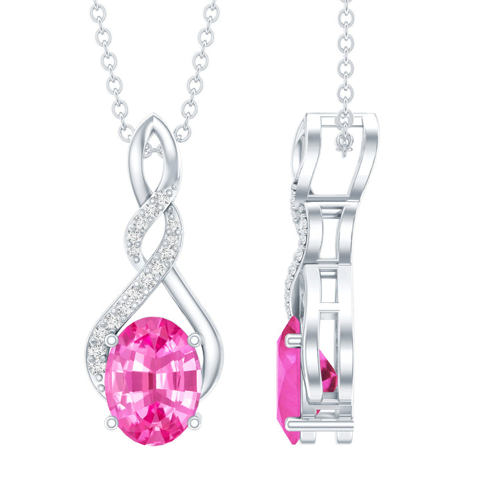 Lab grown pink sapphire infinity pendant on silver chain by Rosec Jewels, elegant jewelry with 1.5 carat pink sapphire centerpiece.
