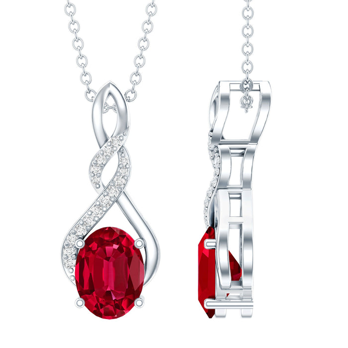 Lab grown 1.5 carat ruby infinity pendant on silver chain by Rosec Jewels, showcasing a sparkling red gemstone design.
