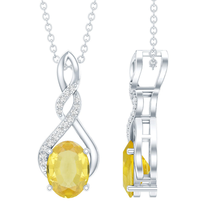 Lab grown yellow sapphire infinity pendant with silver chain, crafted by Rosec Jewels, showcasing a 1.5 carat gemstone on a sleek silver necklace.