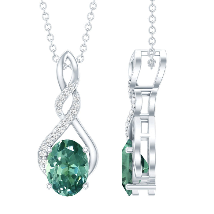 Lab grown green sapphire infinity pendant on silver chain, 1.5 carats, from Rosec Jewels, showcasing elegant jewelry design.