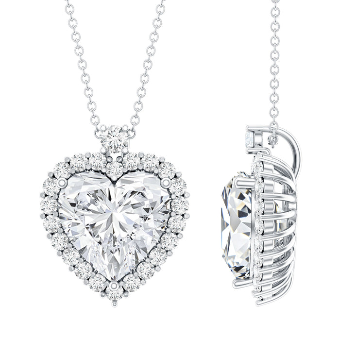 Certified 5.5 carat moissanite heart pendant on silver chain, elegant jewelry by Rosec Jewels.