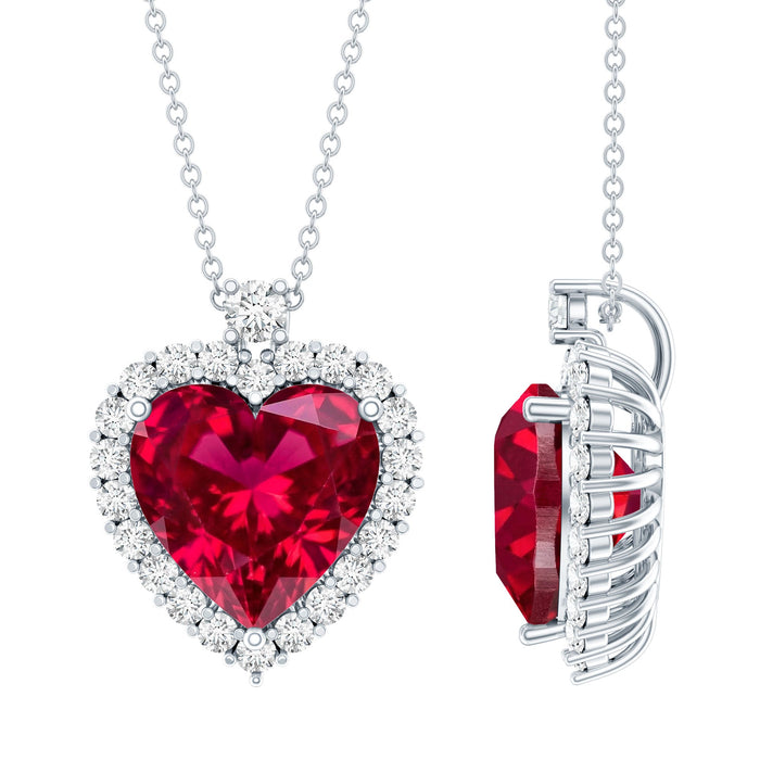 Lab grown 6.5 carat ruby heart pendant on silver chain, crafted by Rosec Jewels, showcasing a vibrant red gemstone and elegant design.
