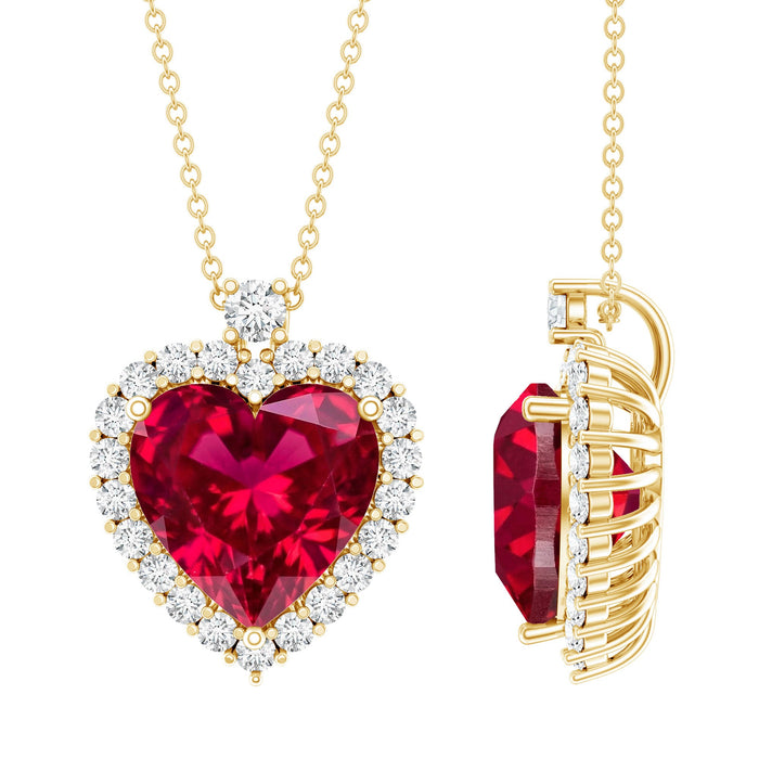 Lab grown ruby heart pendant with moissanite halo, featuring a Rosec Jewels pendant design and intricate gemstone details.