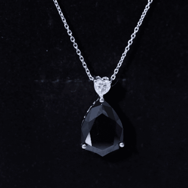 Lab grown black diamond teardrop pendant on silver chain, from Rosec Jewels, featuring a sleek and elegant jewelry design.