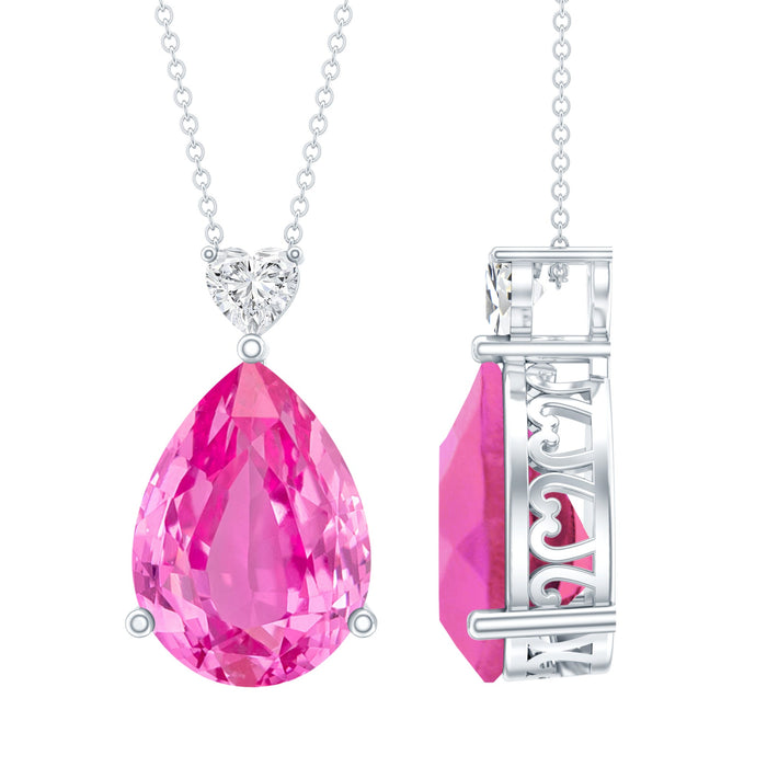 Pink sapphire teardrop pendant on silver chain from Rosec Jewels, showcasing a 9-carat lab-grown pink sapphire jewelry piece.