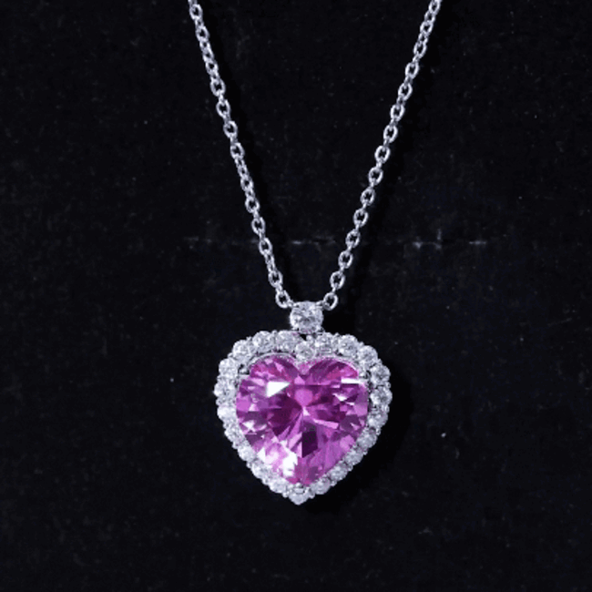 Lab grown pink sapphire heart pendant with halo, 5.5 carats, from Rosec Jewels, featuring a delicate pendant design.