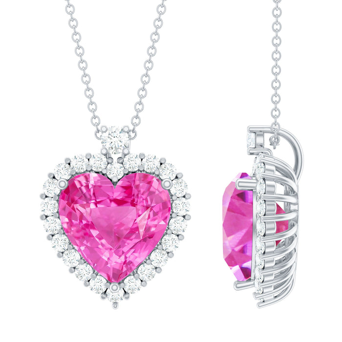 Lab grown pink sapphire heart pendant with halo, 5.5 carats, from Rosec Jewels, featuring a delicate and elegant jewelry design.