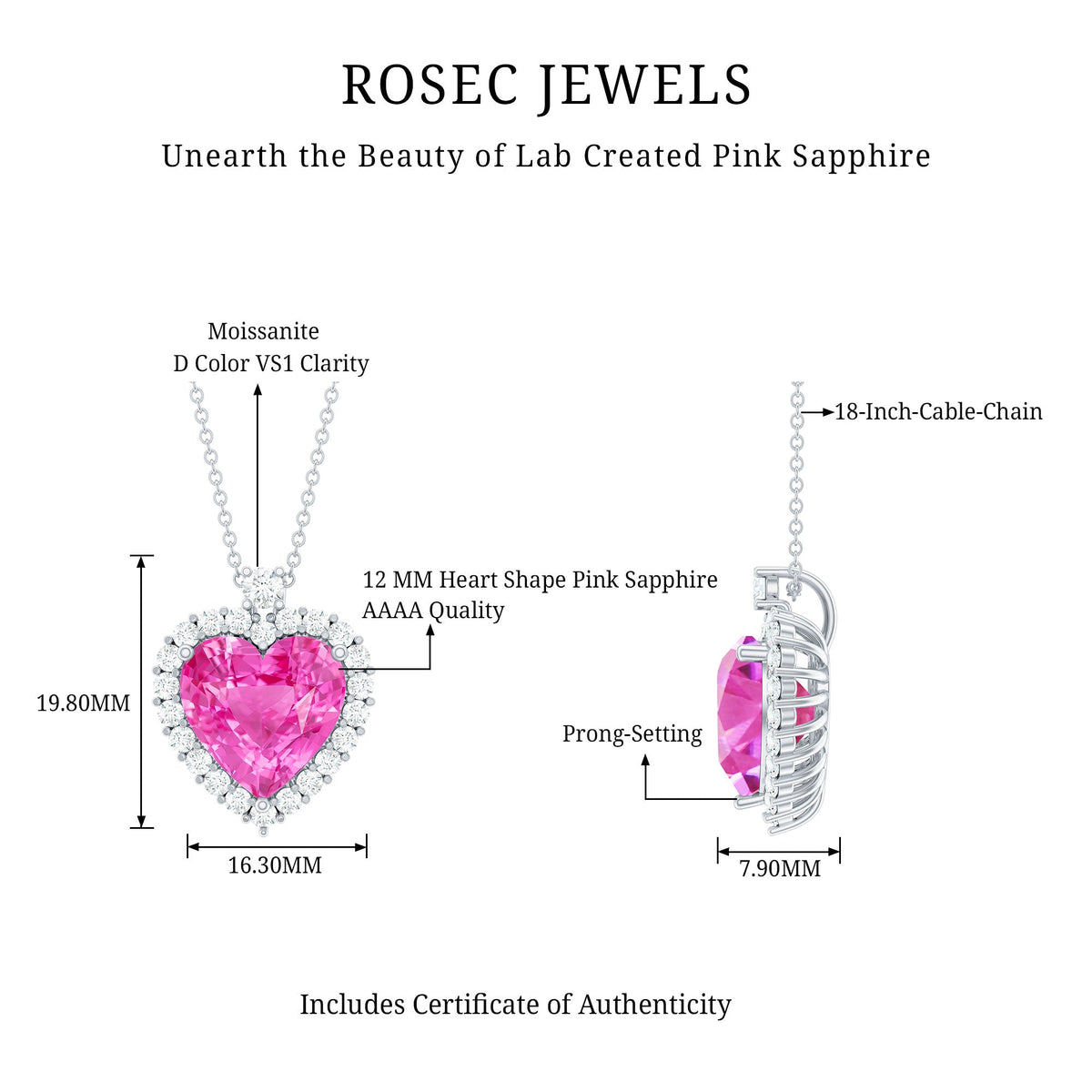 5.5 Carat Lab Grown Pink Sapphire Heart Necklace with Halo
