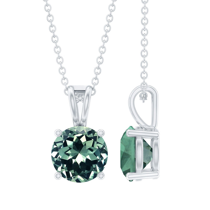 Lab grown green sapphire solitaire pendant with silver chain, featuring a 2.25 carat round gemstone in a classic Rosec Jewels design.