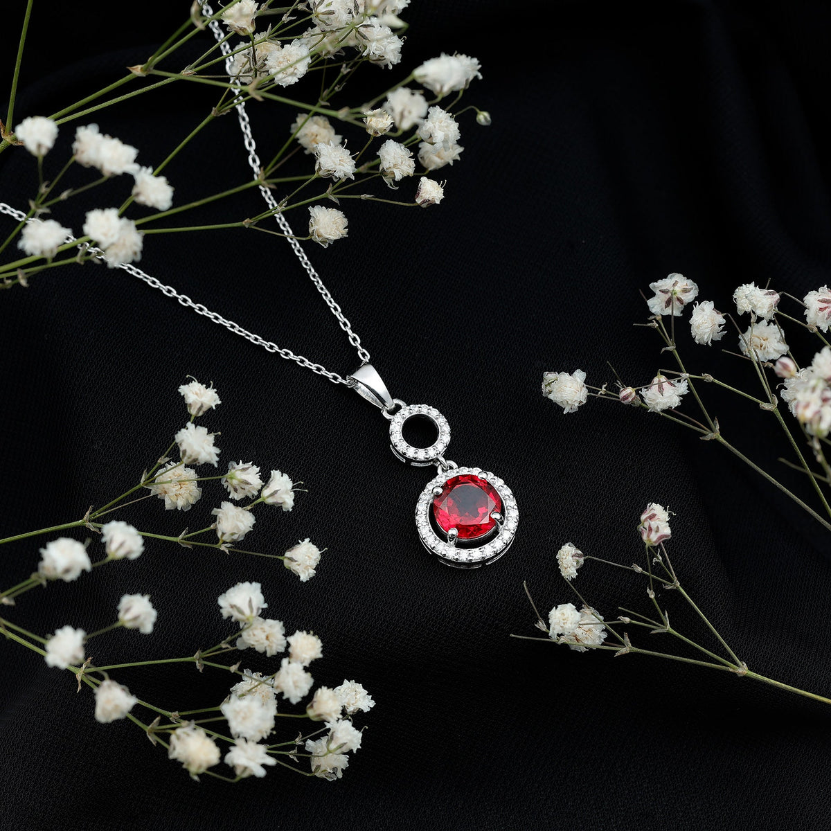 Lab Grown Ruby Dangle Necklace with Moissanite Halo