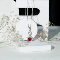 Lab Grown Ruby Dangle Necklace with Moissanite Halo