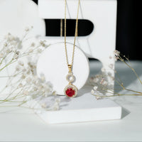 Lab Grown Ruby Dangle Necklace with Moissanite Halo