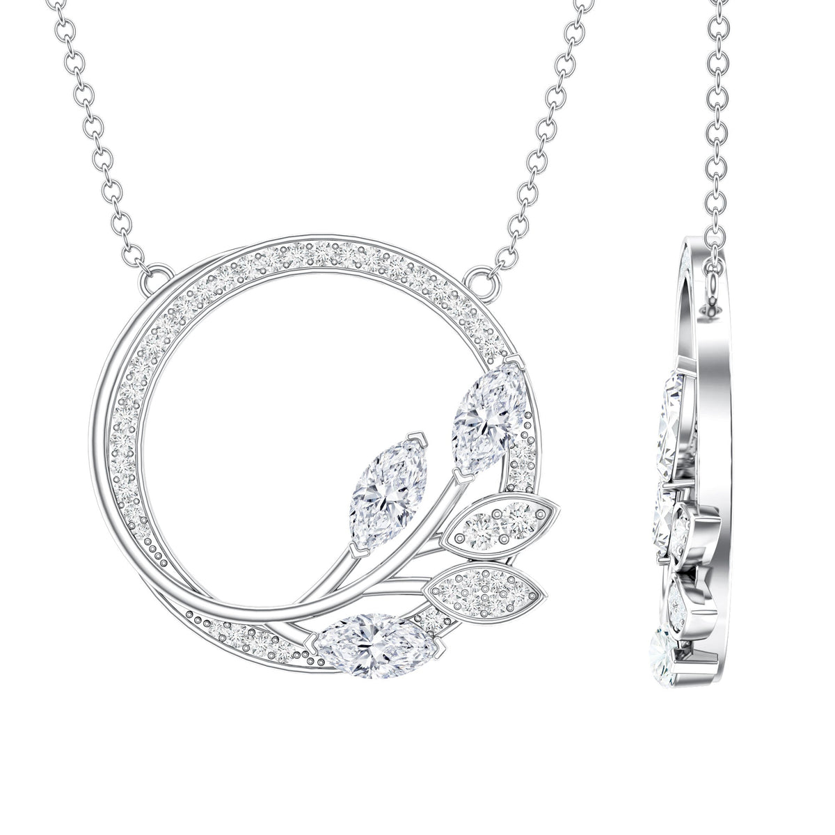 Marquise and round cut moissanite leaf pendant necklace with sparkling gemstones, elegant jewelry from Rosec Jewels.