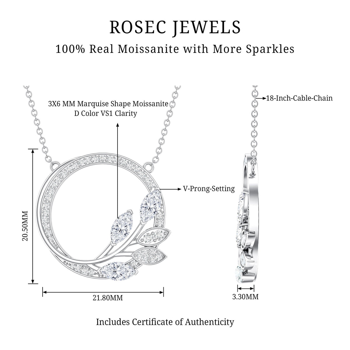 Rosec Jewels moissanite leaf eternity pendant with marquise and round cut stones on a delicate chain.