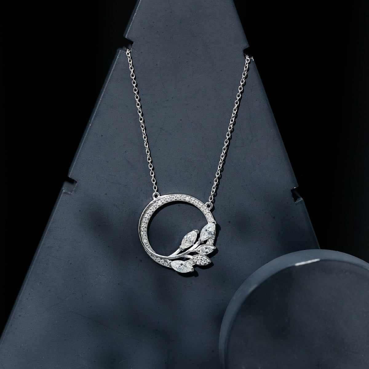 Marquise and round cut moissanite leaf pendant necklace by Rosec Jewels, featuring sparkling gemstone accents on a delicate chain.