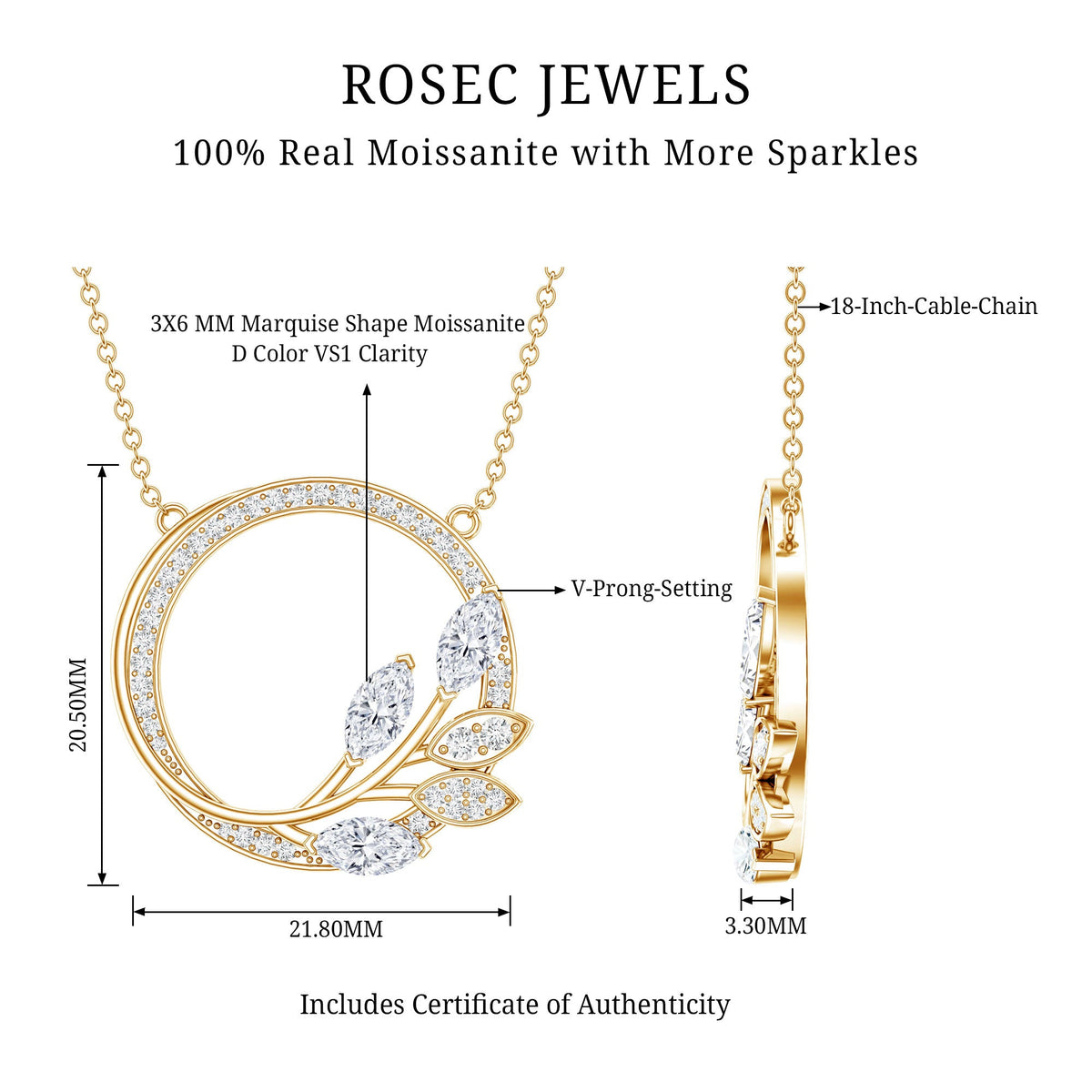 Marquise and round cut moissanite leaf pendant necklace with eternity design from Rosec Jewels, featuring sparkling gemstone accents.