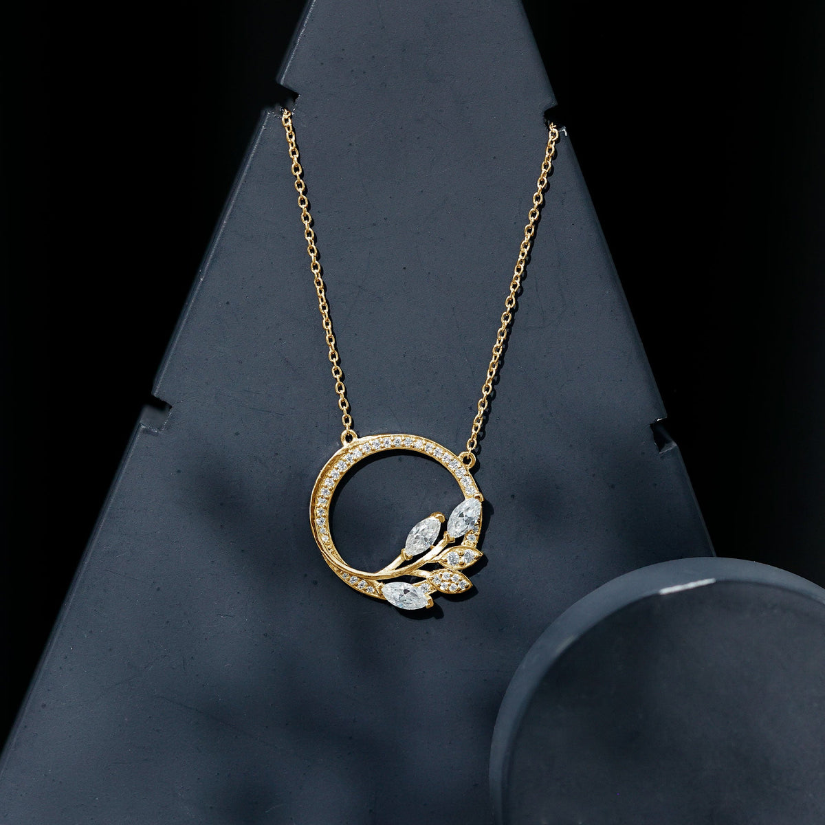 Marquise and round cut moissanite leaf pendant necklace with delicate chain, elegant jewelry from Rosec Jewels.